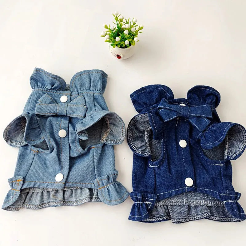 Blue denim dog dress with ruffle trim and back leash hook on a model dog