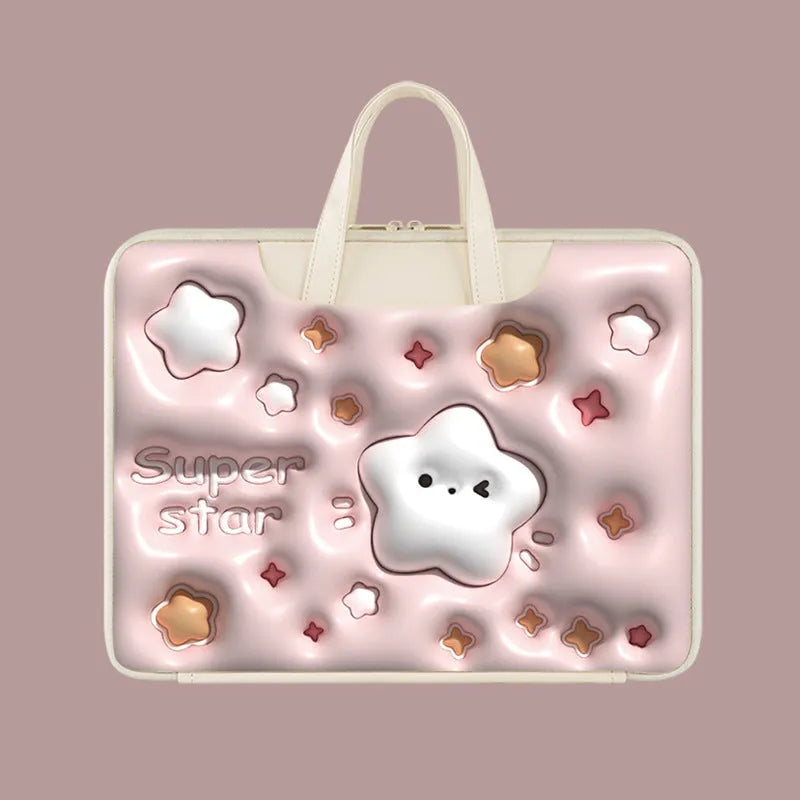 Inflatable PU leather laptop bag in a cartoon panda design with shoulder strap, shown hanging from a suitcase.