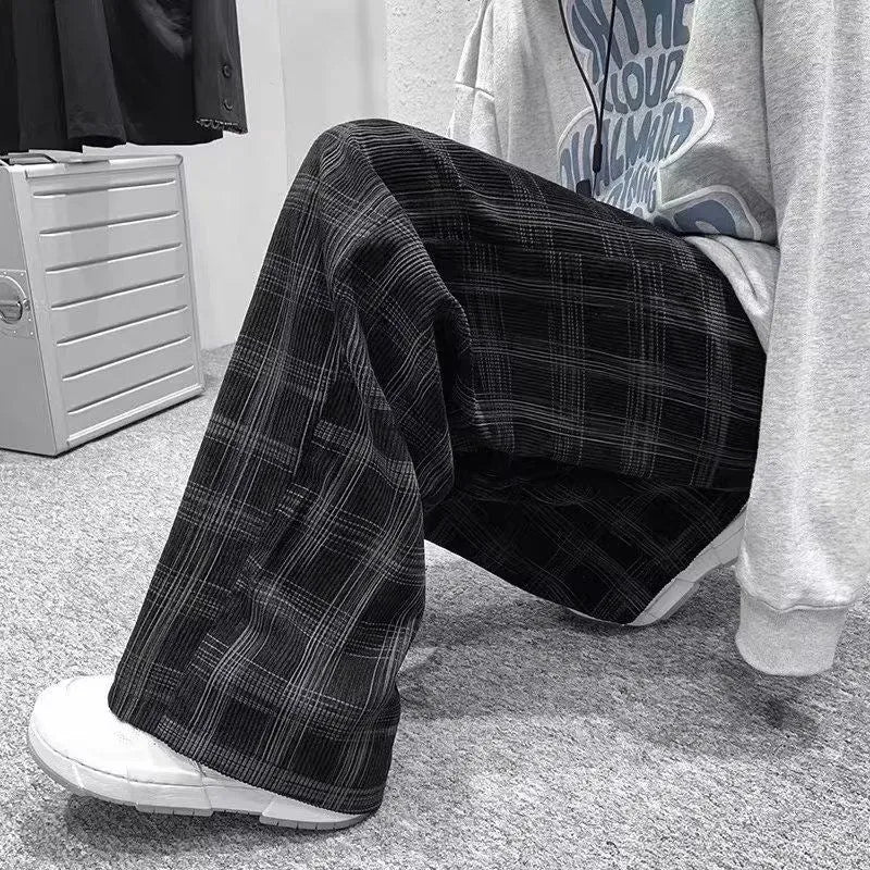 Japanese retro plaid casual trousers in straight-leg silhouette, available in black or green patterns