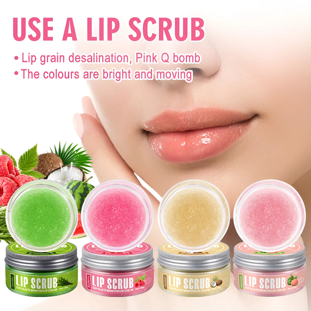 Amatoni fruit flavour lip scrub cream jar in 30g size, showing flavour options.