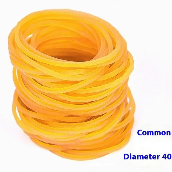 500g bulk pack of yellow rubber bands in multiple diameters from 25mm to 70mm