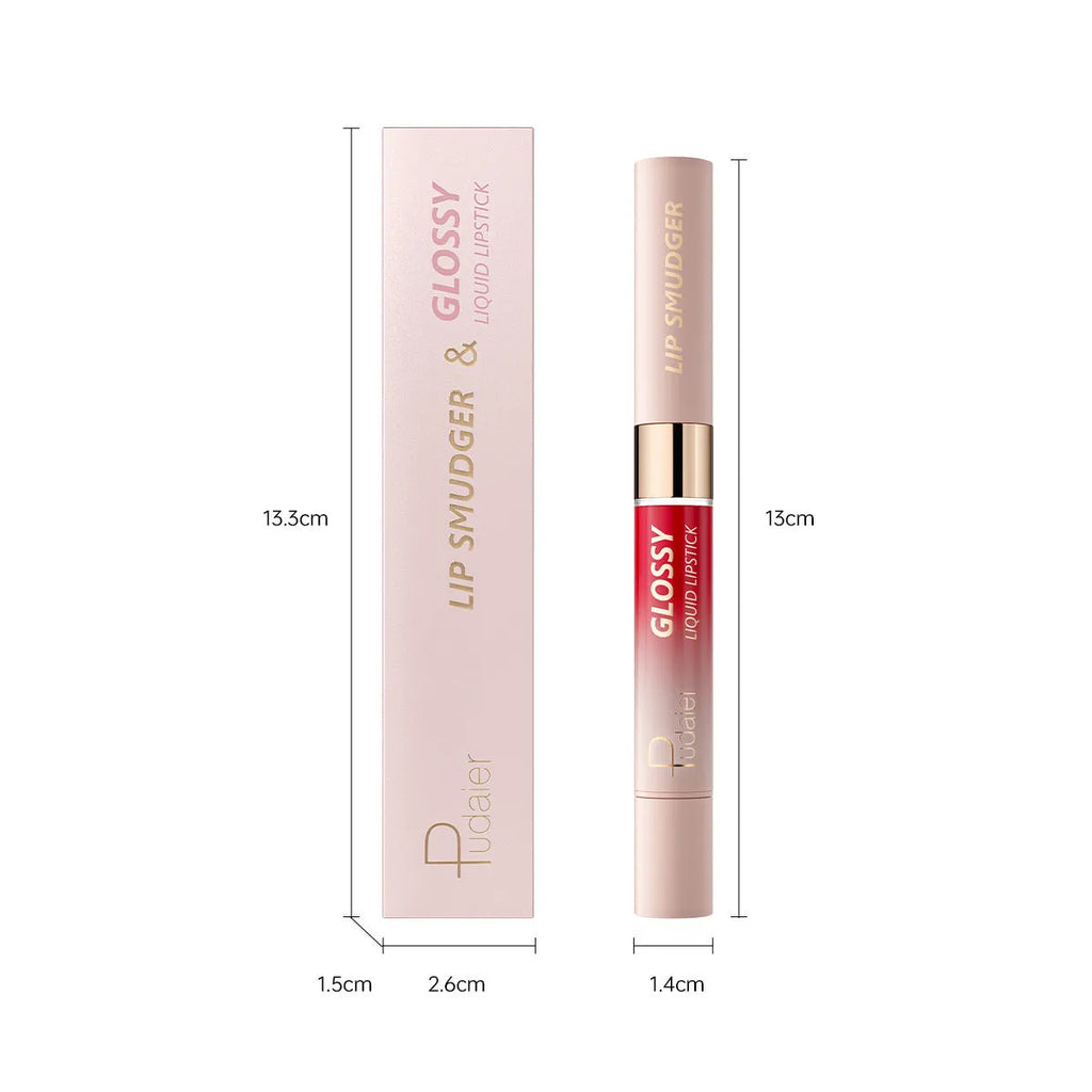 Double-ended lipstick and lip gloss stick showing matte lipstick bullet and glossy applicator