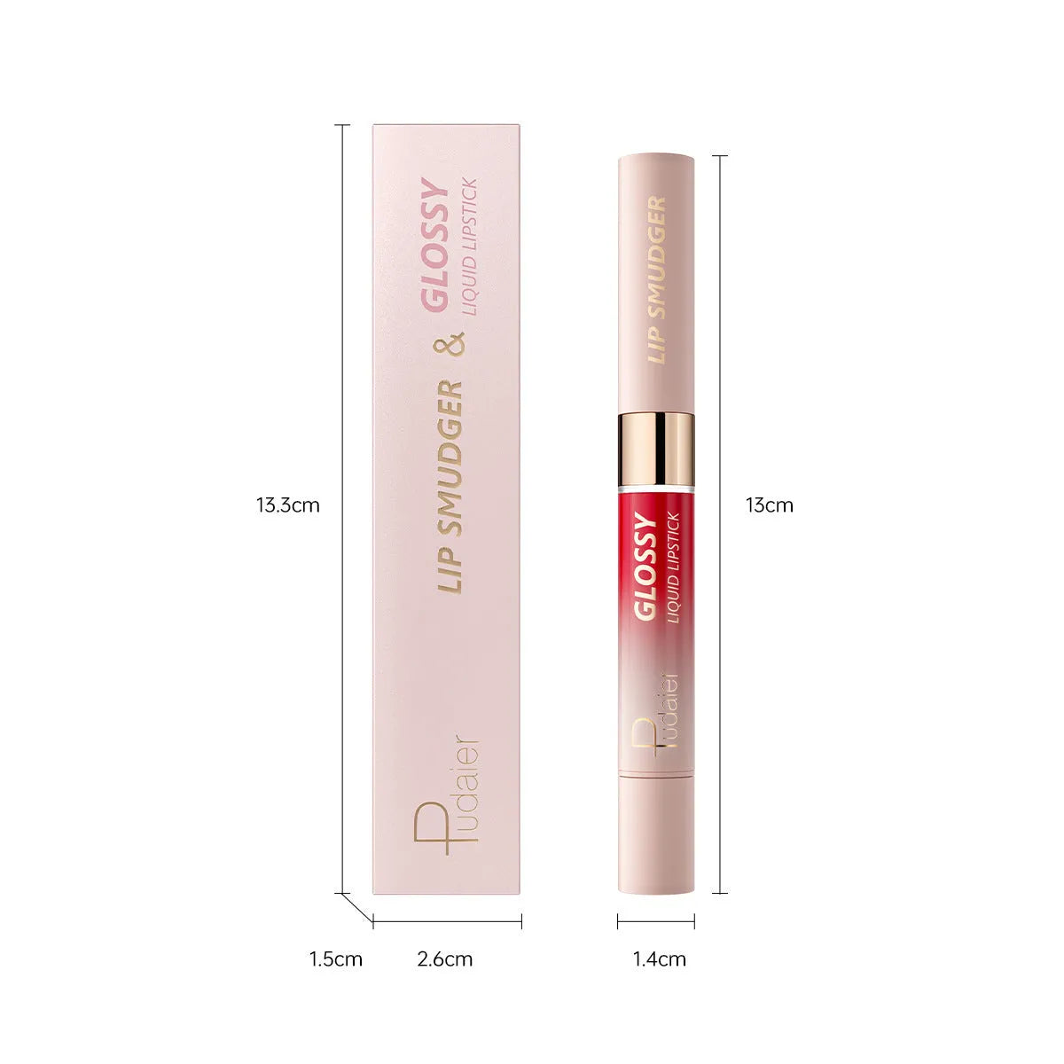 Double-ended lipstick and lip gloss stick showing matte lipstick bullet and glossy applicator