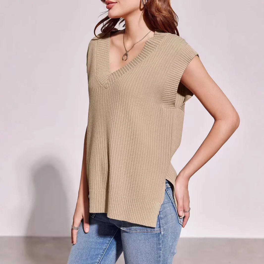 Camel and white V-neck sleeveless pullover vest with loose fit and striped or plaid patterns