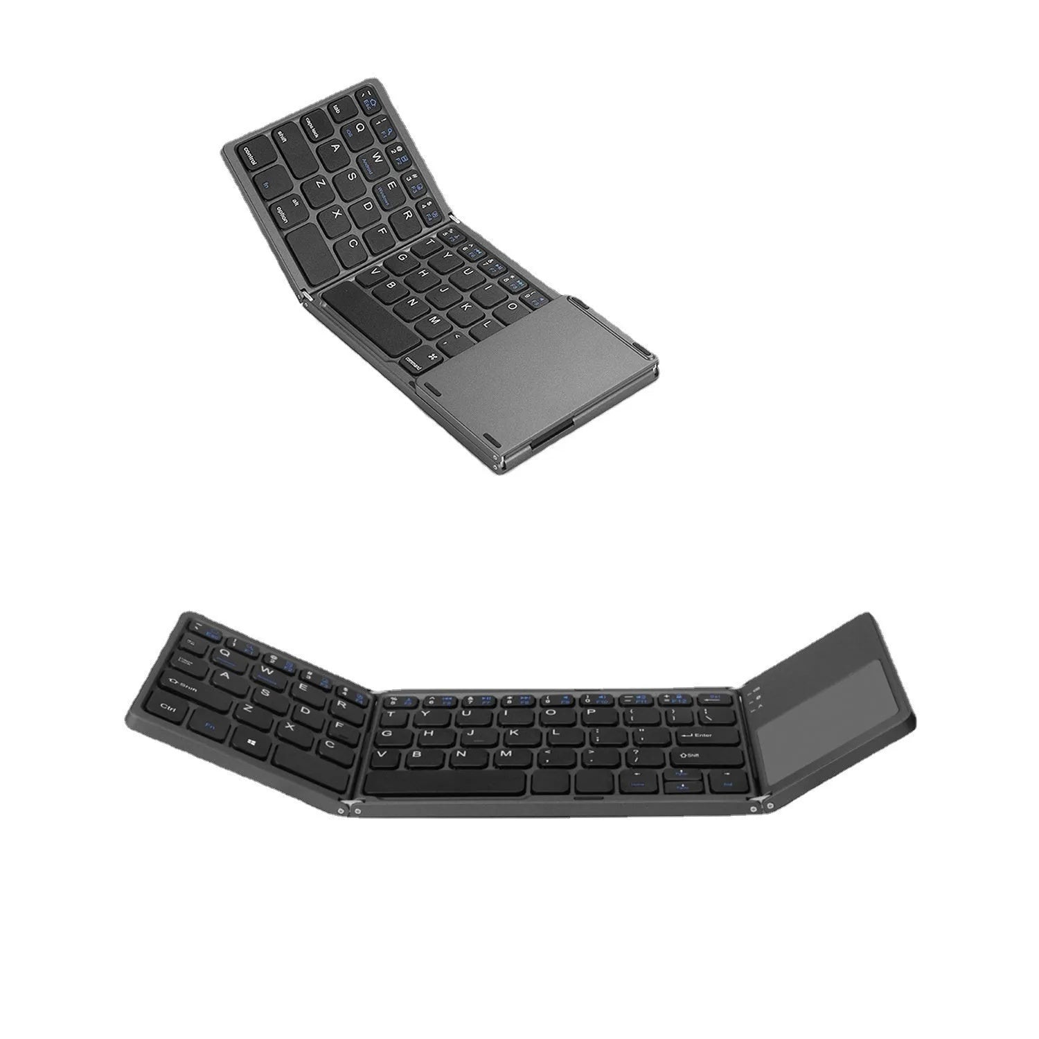 A closed black mini tri-fold Bluetooth keyboard showing its compact, slim 0.8cm profile.