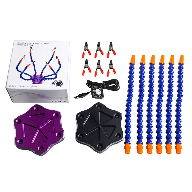 Black or purple aluminium alloy six-jaw model welding station with multiple bendable arms on a non-slip base.