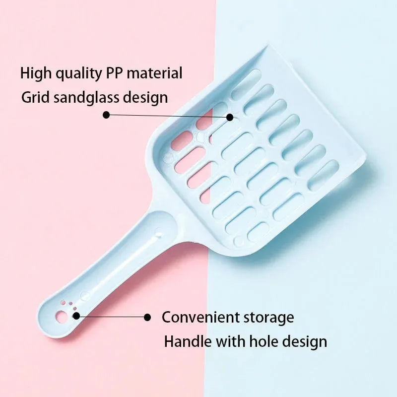 Plastic cat litter scoop in blue, green or pink measuring 20cm long for pet toilet cleaning