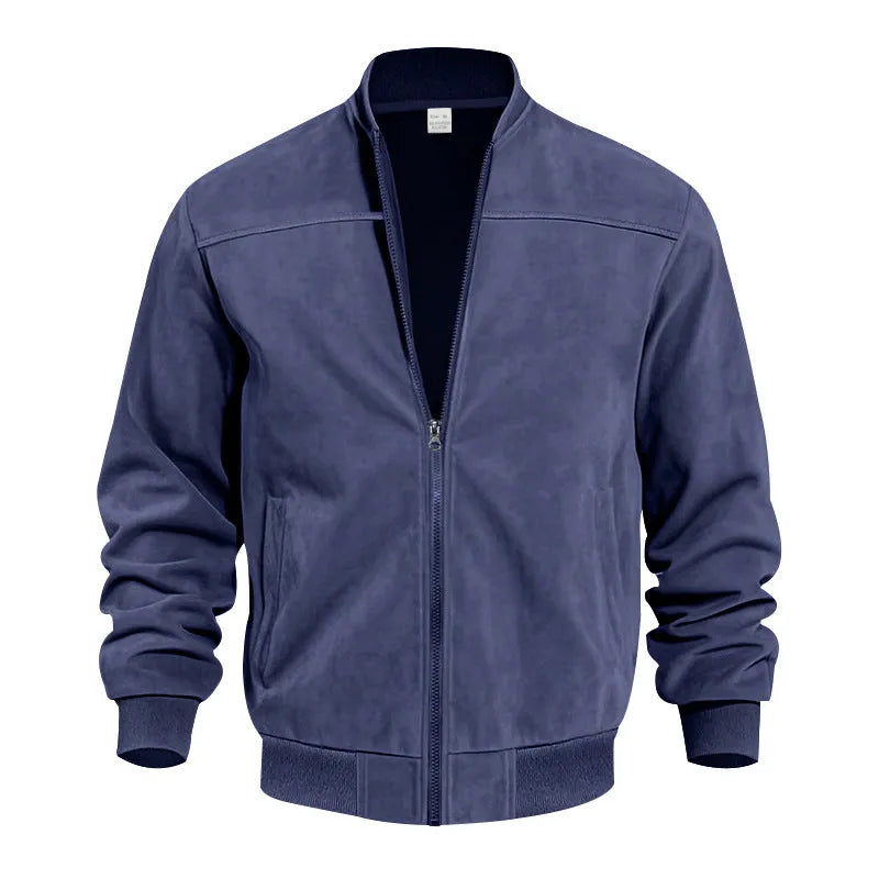 Men's plus size casual suede zip jacket in army green shown on a model