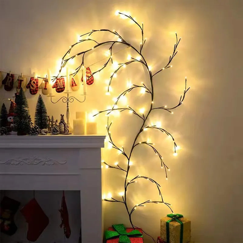 Flexible LED vine Christmas garland with birch bark texture and warm white lights for wall decor