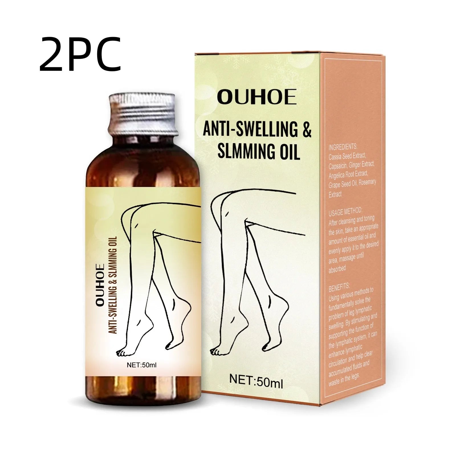 50ml bottle of moisturising body oil with botanical extracts for skin care and leg massage