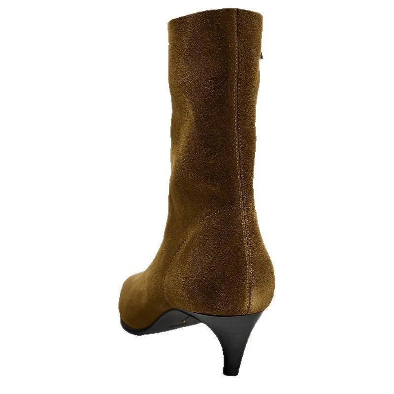 Brown square toe mid heel boots with side zip on a white background.