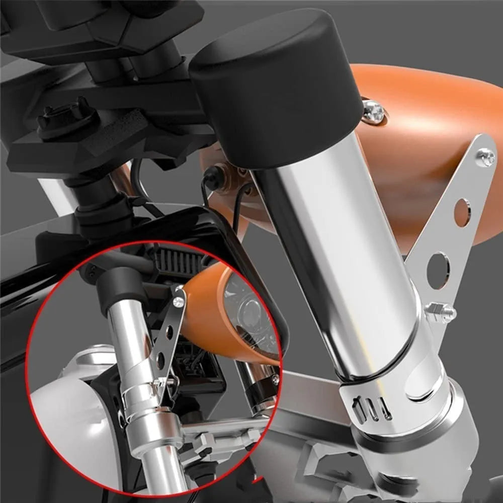 Pair of black iron motorcycle headlamp support brackets for retro modified headlights