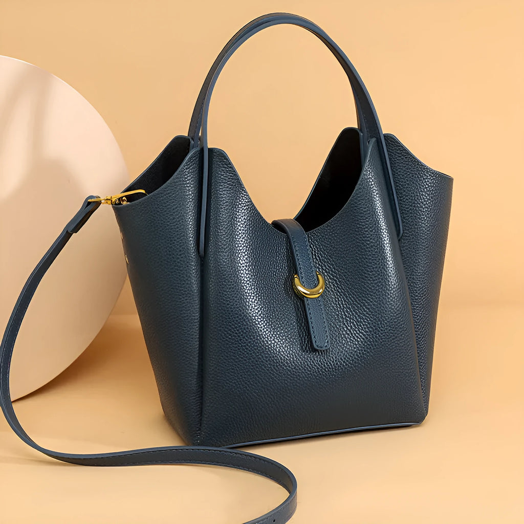 Women's genuine leather retro bucket bag with hand holding design and file organisation compartments
