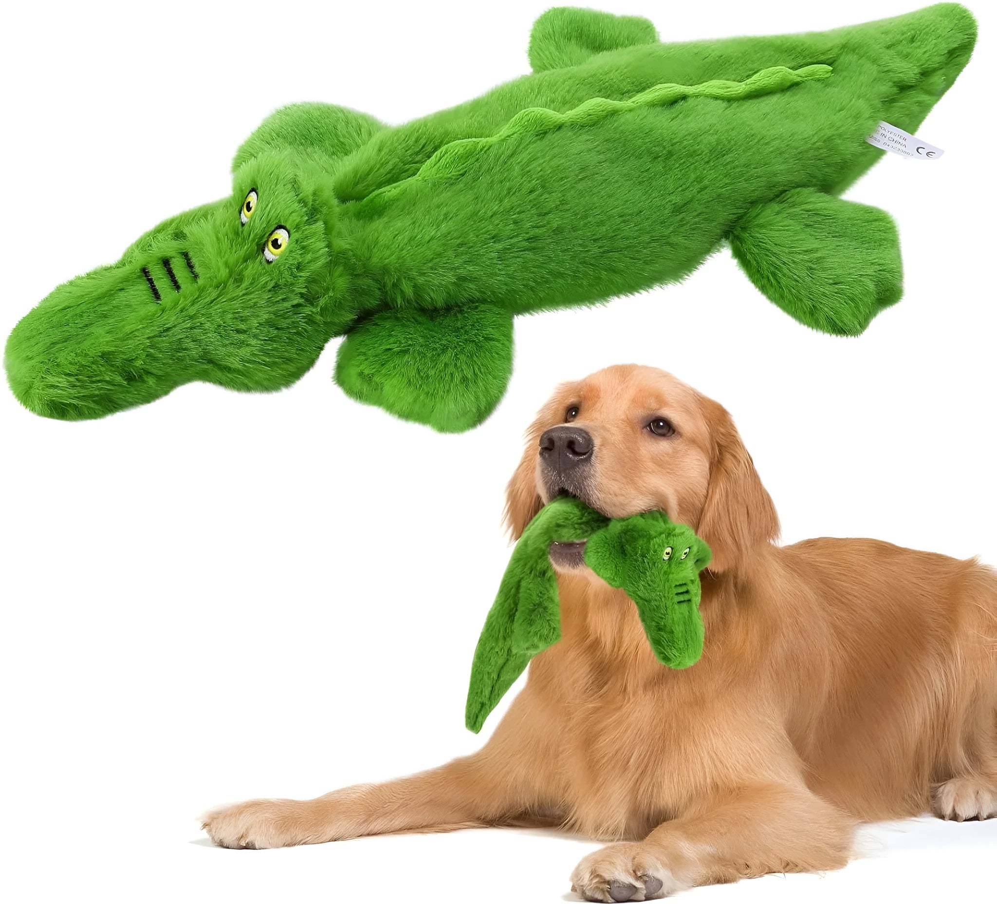 Green crocodile plush dog toy with no-stuffing design for aggressive chewers