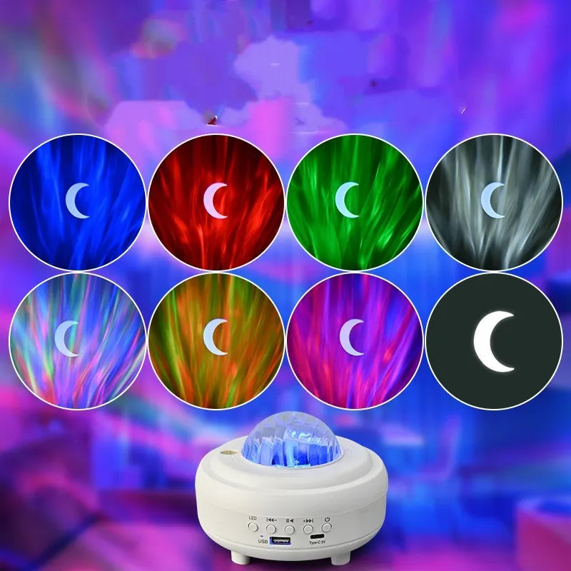 White galaxy star projector night light with Bluetooth speaker showing star projection on wall