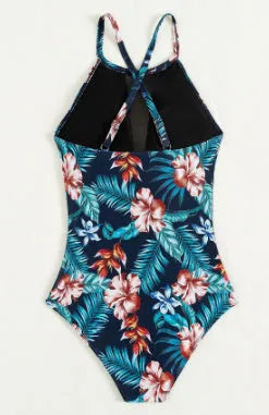Women's deep V-neck one-piece swimsuit in a printed pattern, shown in a solid colour option.