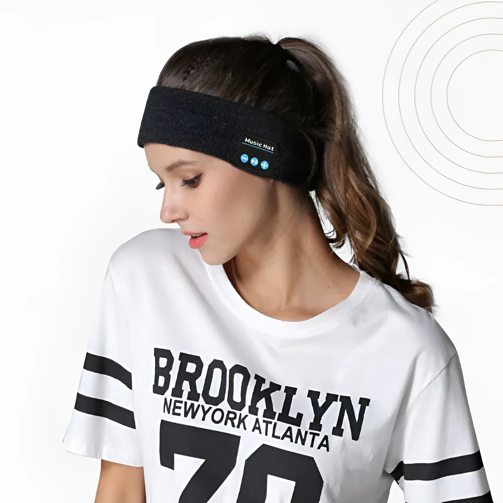 Bluetooth 5.4 sports headband in black with removable washable band and storage bag