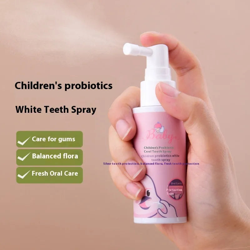 Children's probiotic white teeth cleaning spray in 40ml bottle with strawberry or orange flavour options