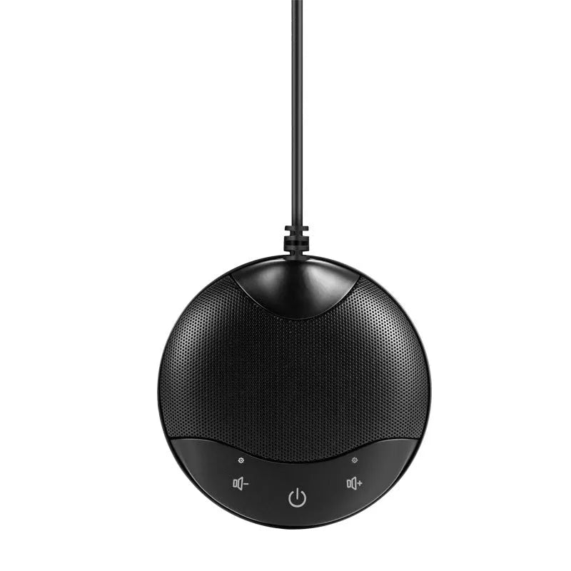 Black USB condenser microphone with compact square design for conference calls and gaming