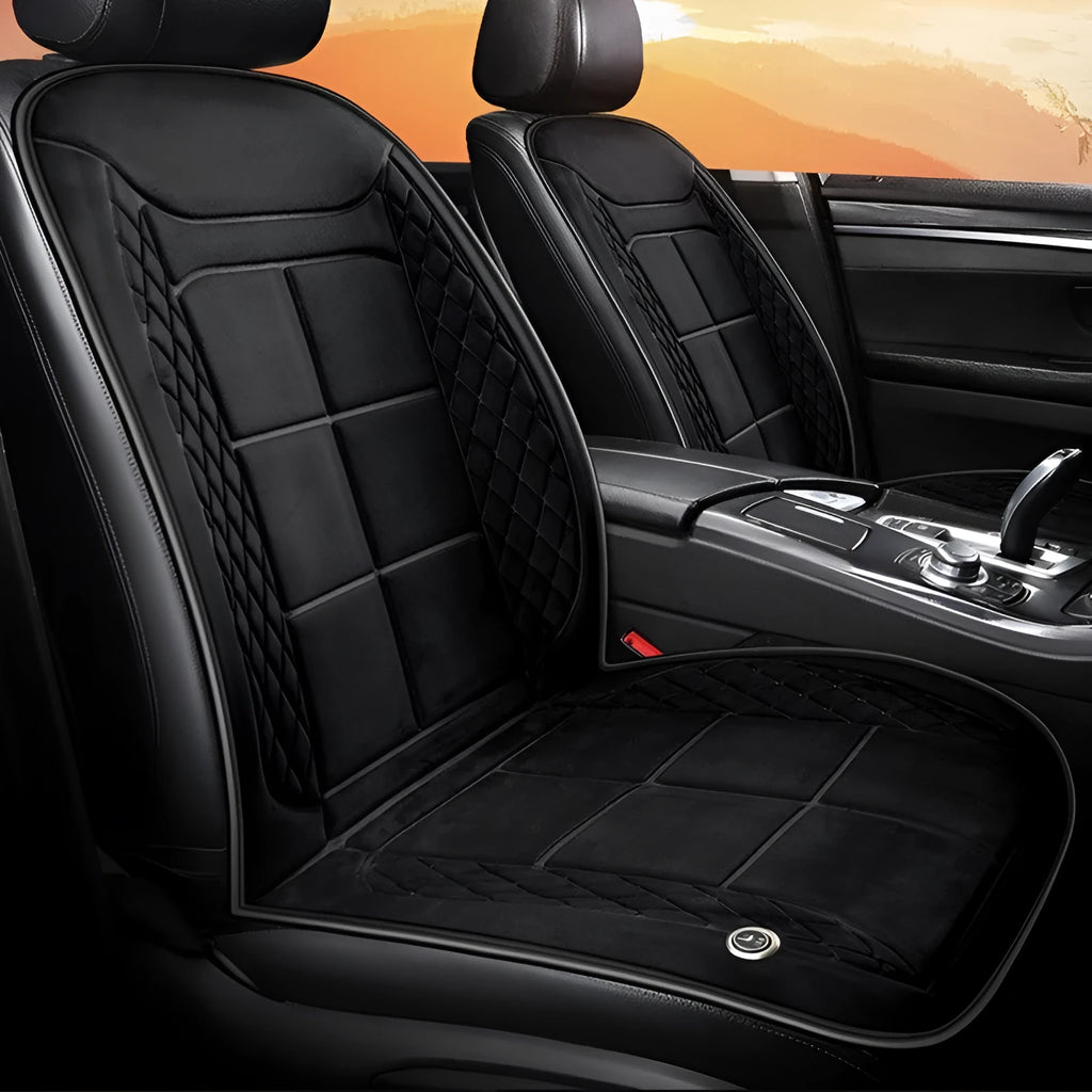 Car seat heating cushion in beige colour on a vehicle seat, showcasing its auto heating function and cotton filler.