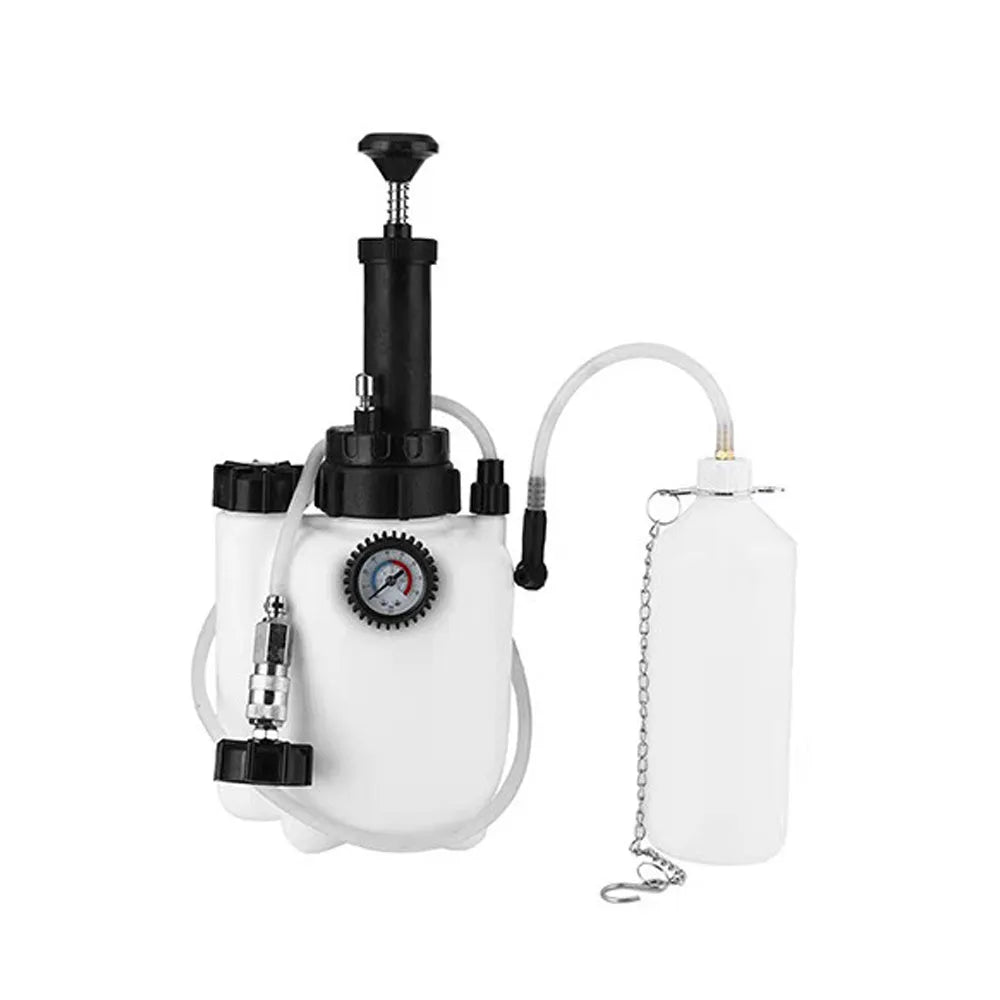 White 3-litre brake oil tank replacement tool with copper, iron and plastic components.