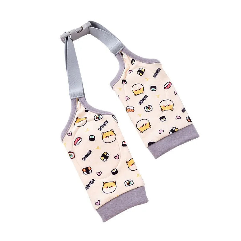 Blue dog knee protector pad with adjustable straps and matching scarf on medium dog