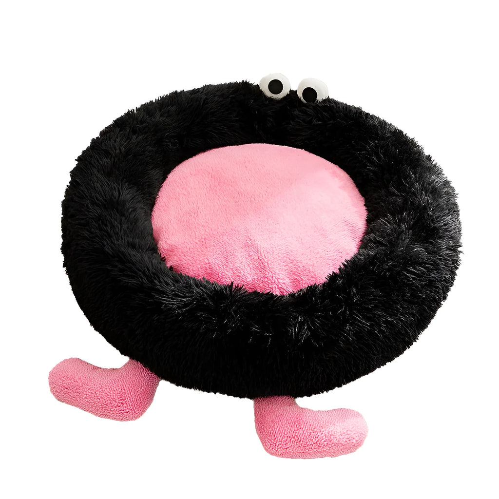 Elf Briquettes blue plush kennel-style dog bed or cat bed with raised bolster edges.