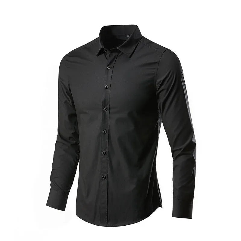 Long sleeve linen shirt in a loose fit, shown in a solid colour, with a button front and standard collar.