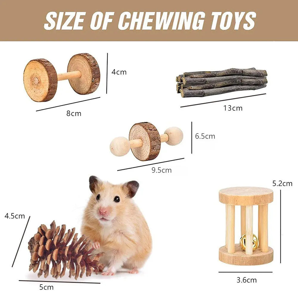 Wooden pet toy set with natural materials for rabbits, guinea pigs, and parrots