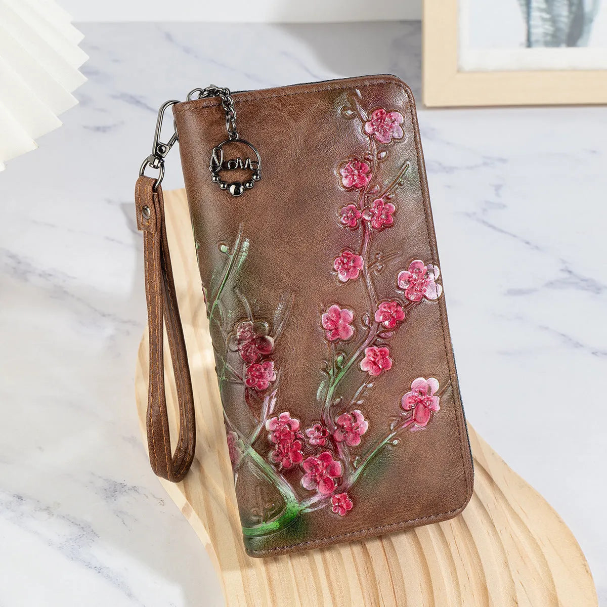 Chinese style embossed floral handbag with zipper closure in black, brown or coffee colours