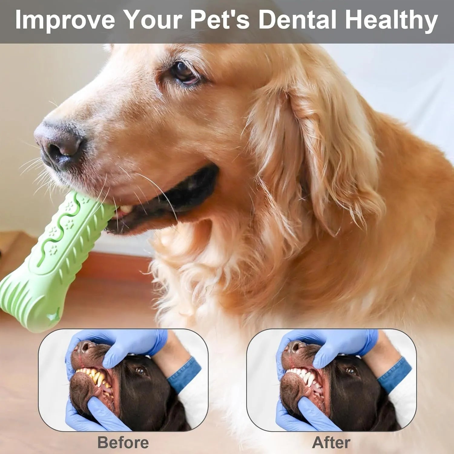 Blue bone-shaped natural rubber dog chew toy for aggressive chewers with teeth cleaning surface