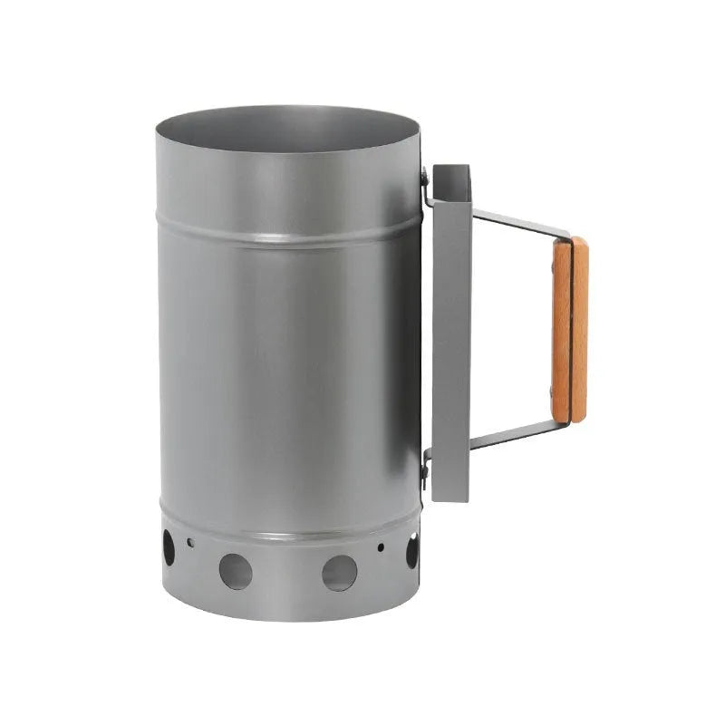 Silver zinc-iron alloy outdoor barbecue charcoal fire starter igniter for a bucket grill.