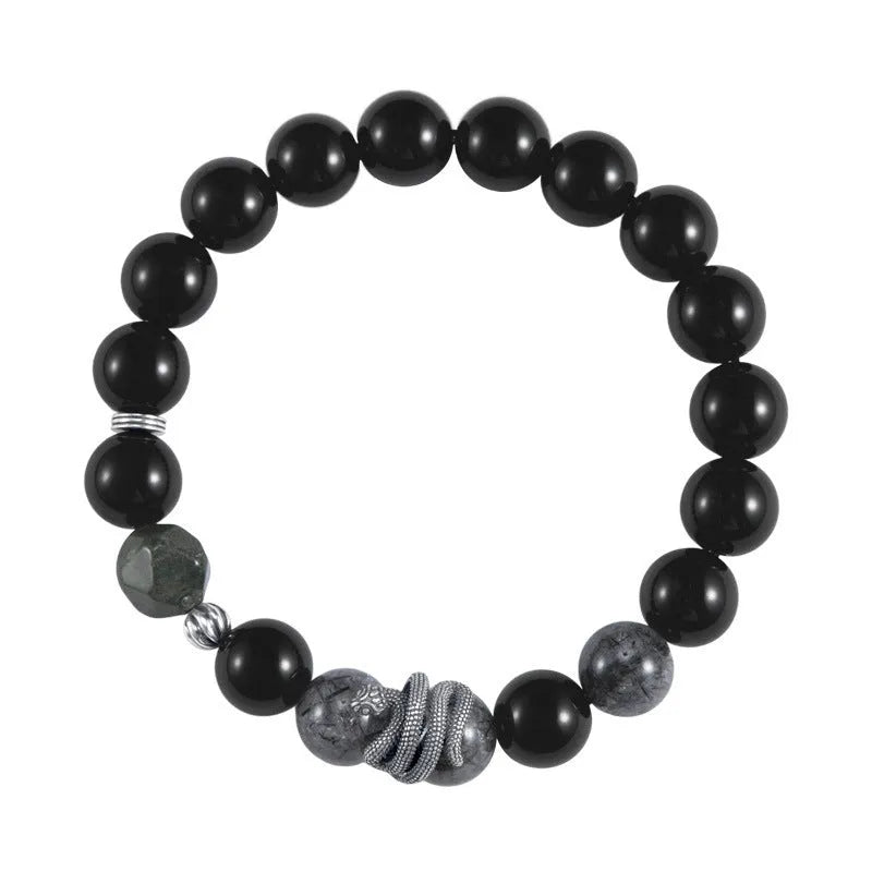 Men's black S925 sterling silver bracelet with 10mm obsidian stone and retro snake design