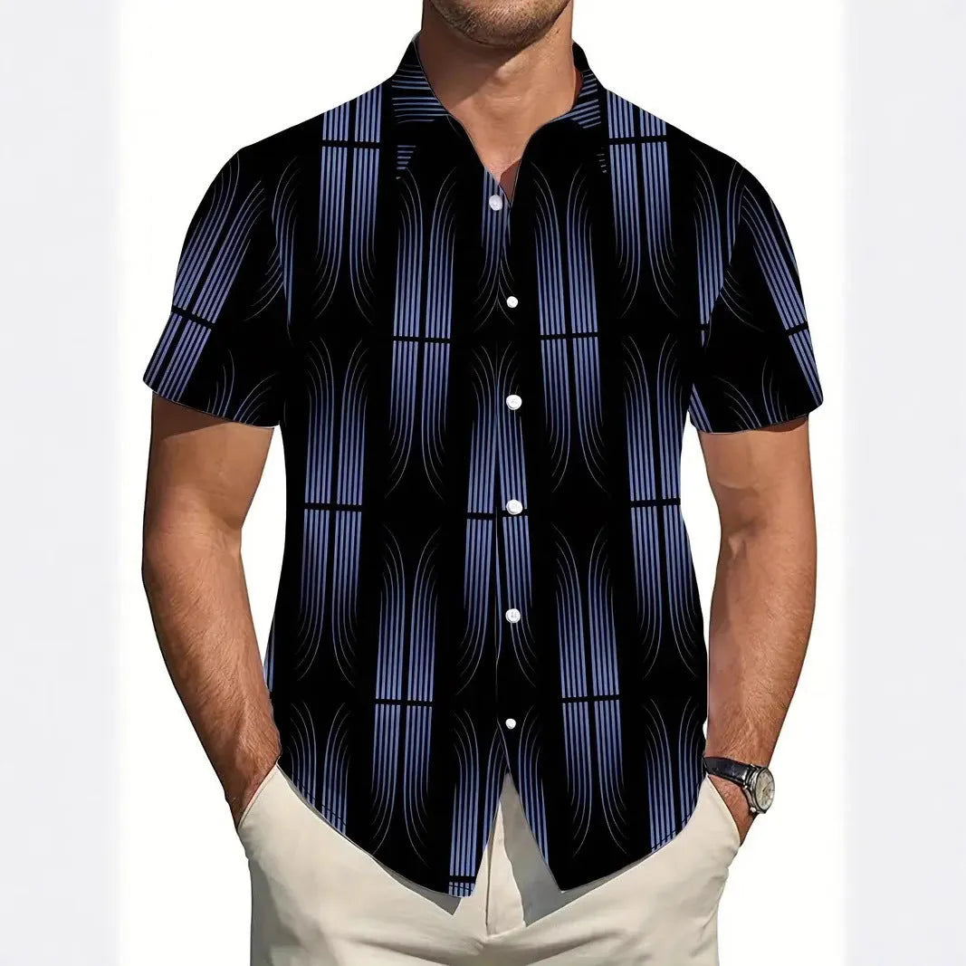 Men's geometric line pattern print shirt with lapel collar and short sleeves in slim fit