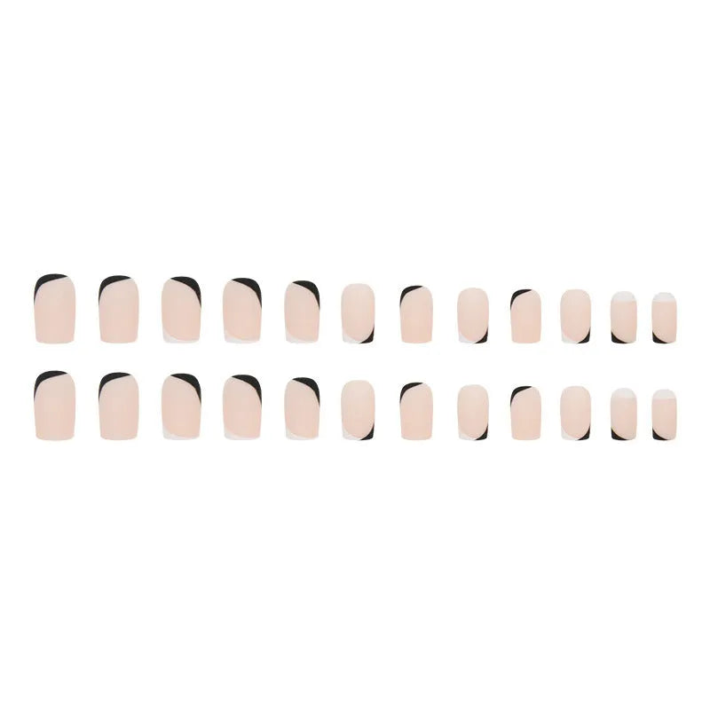 Black and white frosted false nails with Mandarin duck colour pattern and plastic protective armour