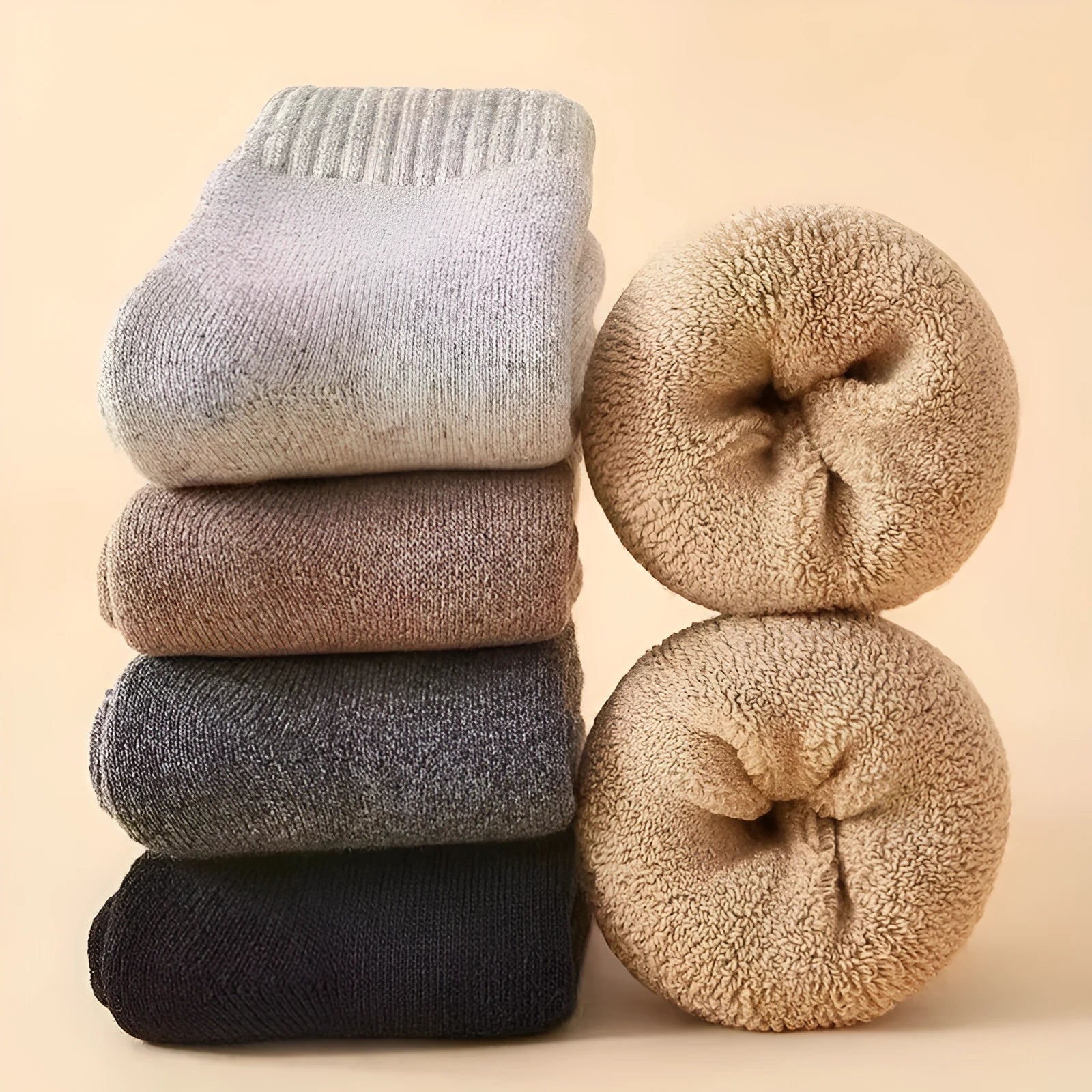 Winter wool socks with thick merino midsole in black, khaki, light grey, or dark grey colours