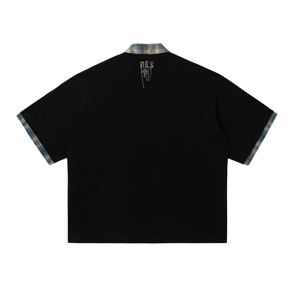 Men's loose blue cotton top with asymmetrical graffiti print, short sleeves, street style