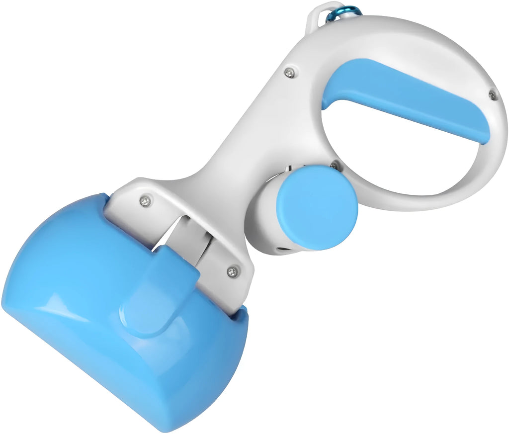 A black ABS plastic pet pooper scooper with a built-in trash bag holder and a carrying hook.