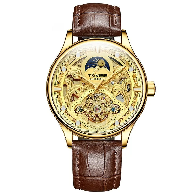 Men's gold leather strap automatic mechanical watch with waterproof case