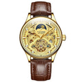 Men's gold leather strap automatic mechanical watch with waterproof case