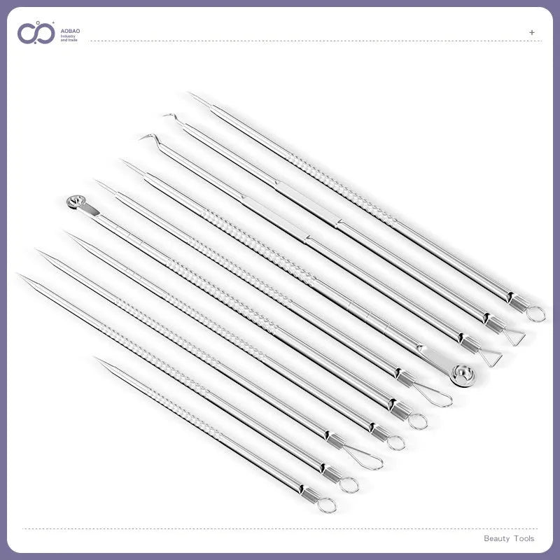 Four metal acne needle tools with pointed tips on a white background.