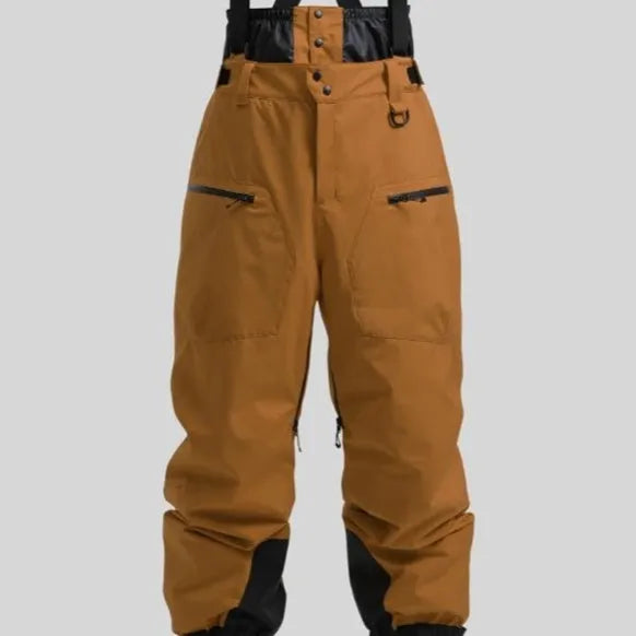 Men's black ski pants with thickened waterproof straps made from flame-retardant linen fabric