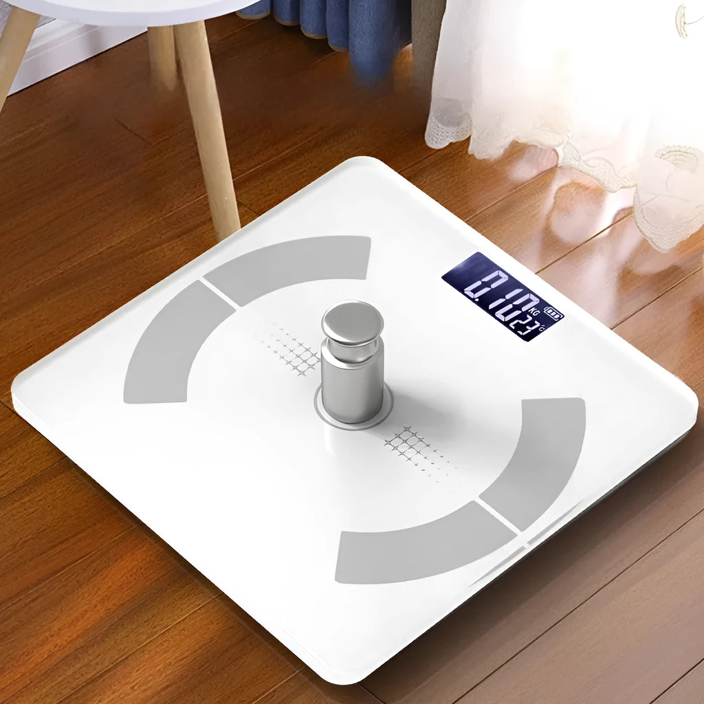 Smart body fat scale in white, black or pink colours showing weight, fat, calorie and moisture measurement functions