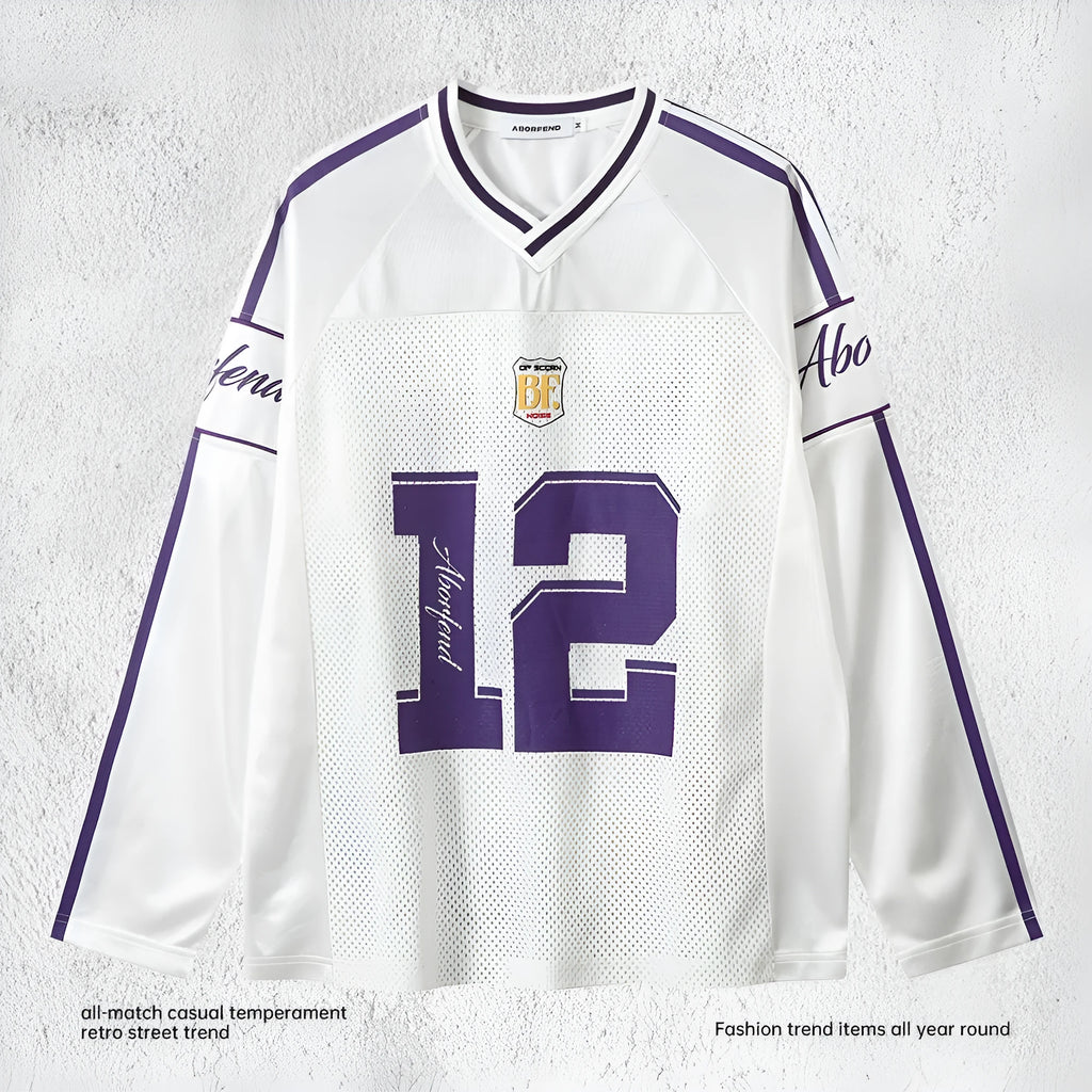 Men's digitally printed long-sleeved V-neck pullover top in polyester jersey fabric