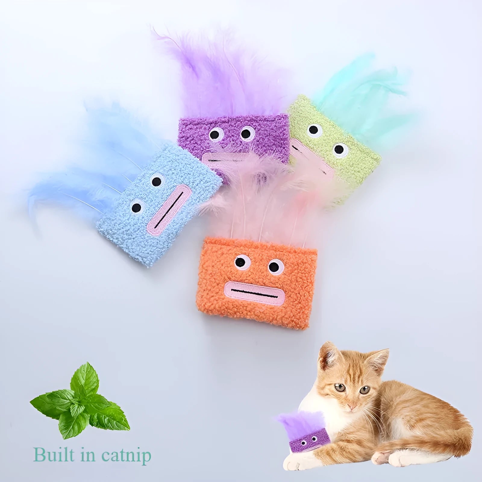 A funny big mouth explosion head shaped catnip plush toy shown in blue, green, orange, and purple colours.