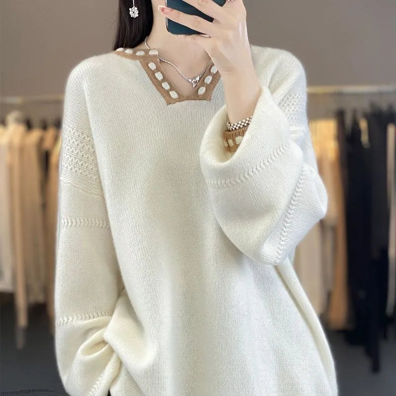 Women's V-neck viscose sweater in camel colour with regular sleeves