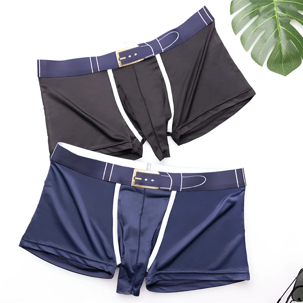 Men's ice silk boxers in solid colours showing mid waist design with size and colour options