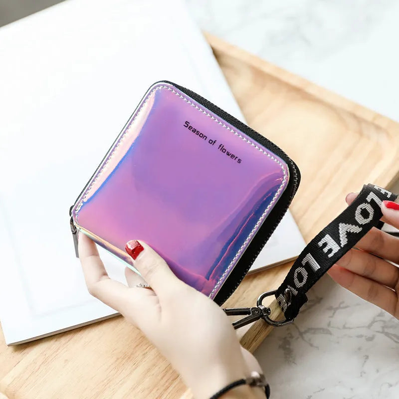 Women's short folding wallet in glitter, blue, or green measuring 11cm square with 2.5cm thickness