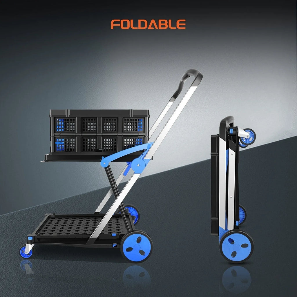 Foldable shopping cart with double-layer plastic basket in blue colour option