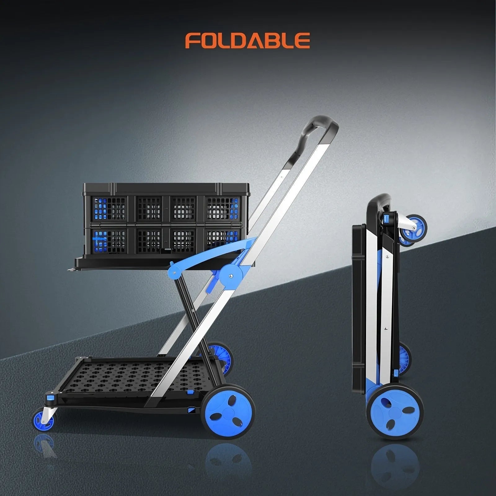 Foldable shopping cart with double-layer plastic basket in blue colour option